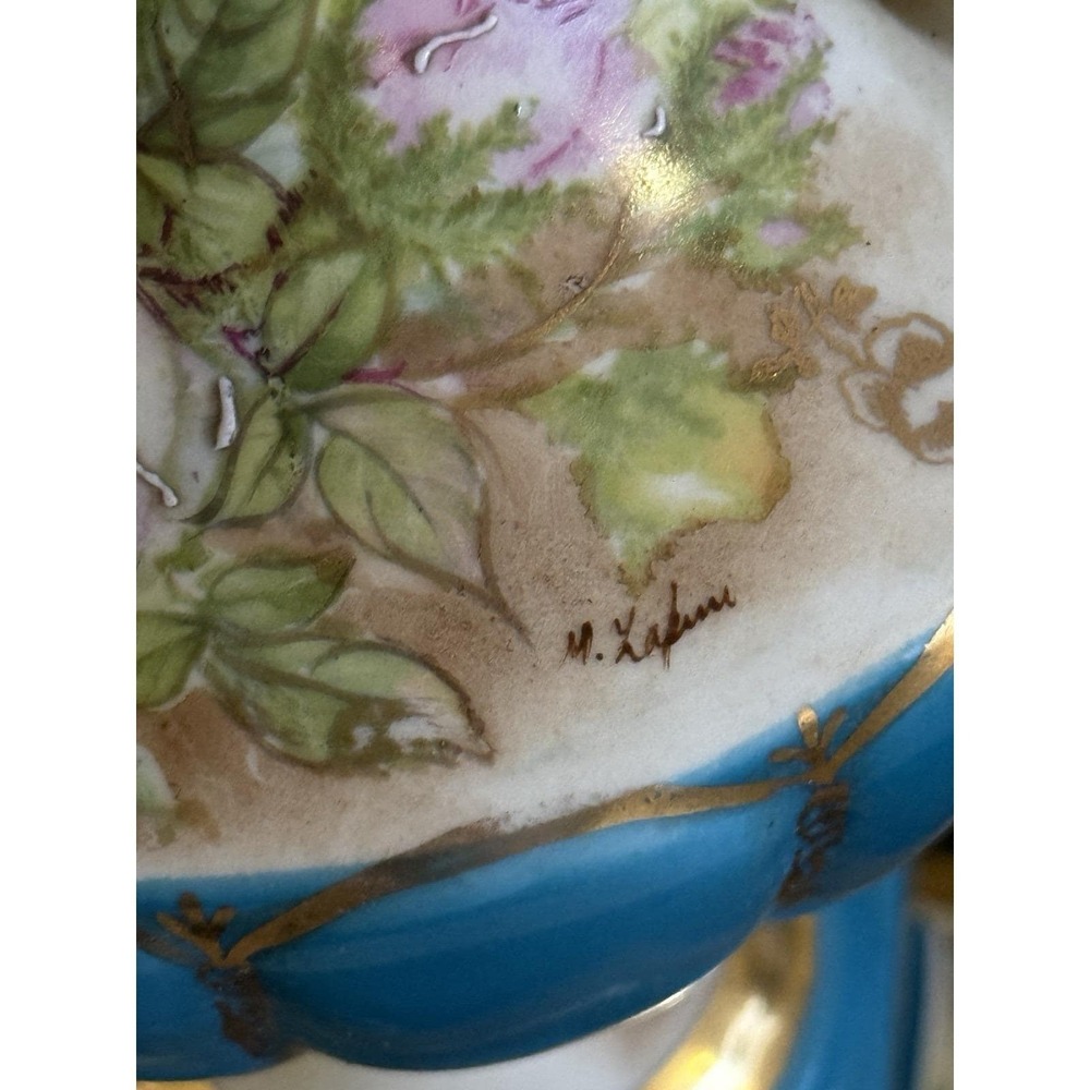 Vtg French Sevres Style Porcelain Urn Lamp Blue Floral Gold Signed Antique Decor - Picture 5 of 12